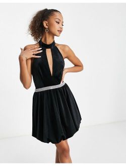 velvet high neck diamante trim mini dress in black