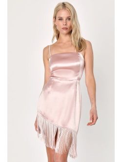 Fabulous Flair Blush Satin Asymmetrical Fringe Mini Homecoming Dress