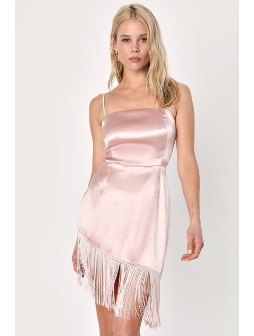 Lulus Fabulous Flair Blush Satin Asymmetrical Fringe Mini Homecoming Dress