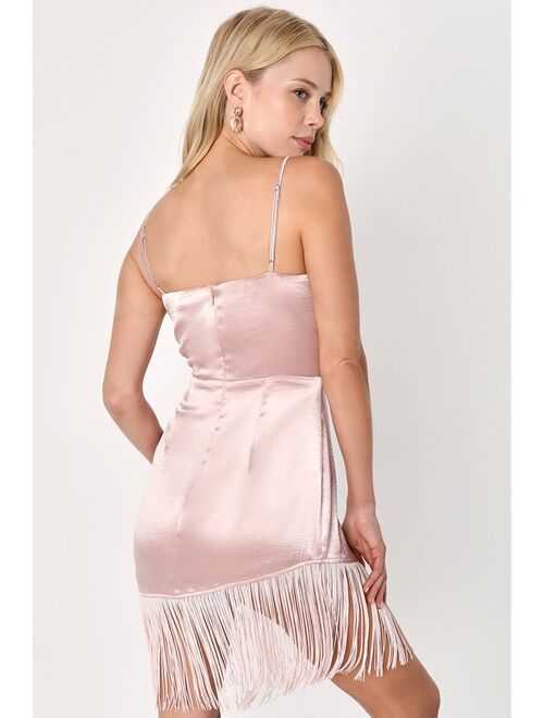 Lulus Fabulous Flair Blush Satin Asymmetrical Fringe Mini Homecoming Dress