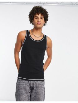 muscle ribbed tank top in black with contrast stitch