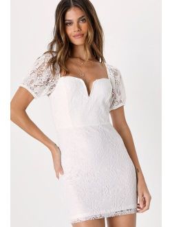 Passionate Perfection White Lace Puff Sleeve Bodycon Mini Homecoming Dress