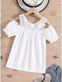 Girls Contrast Lace Cold Shoulder Frill Trim Puff Sleeve Blouse
