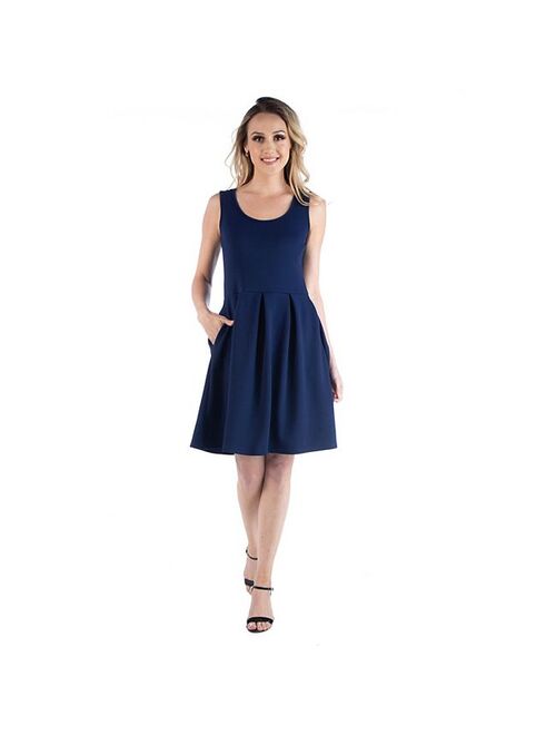 Women's 24seven Comfort Apparel Scoopneck Sleeveless Pleated Skater Dress with Pockets