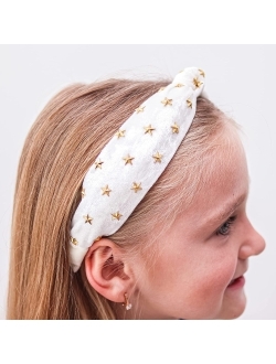 FROG SAC Star Studded Knot Headband for Girls, White Knotted Headbands for Kids, Cute Stud Hair Bands, Little Girl Velvet Hair Accessories, Gold Stars Hairband, No Slip F