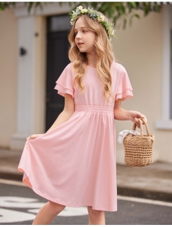 Girl's Casual Dress Summer Scoop Neck Short Sleeve Flowy Print and Plain Sundress for Kids 4-14Y