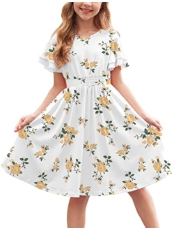 Girl's Casual Dress Summer Scoop Neck Short Sleeve Flowy Print and Plain Sundress for Kids 4-14Y