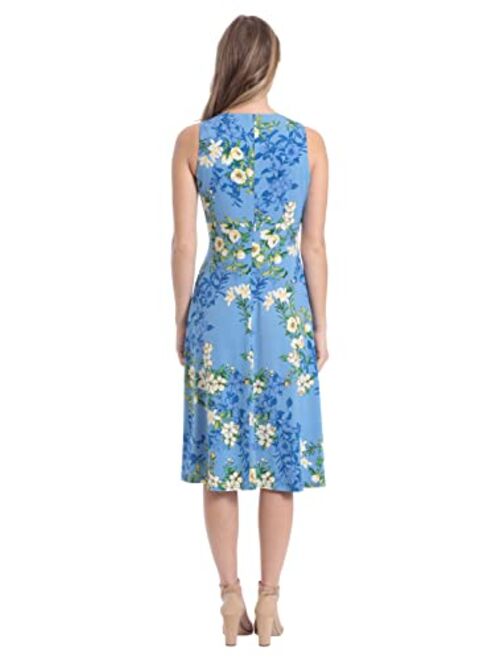 London Times Women's Sleeveless Fit and Flare Dress with Pleat Tucks and Keyhole Detail at Neck