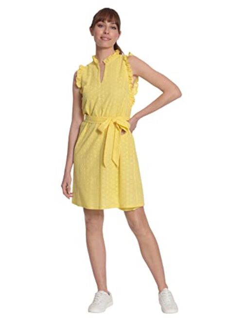London Times Women's Ruffle Neck and Armhole Dress with Waist Tie