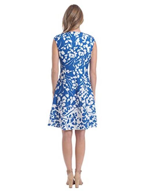 London Times Women's Floral Print Fit and Flare with Contrast Border at Hem