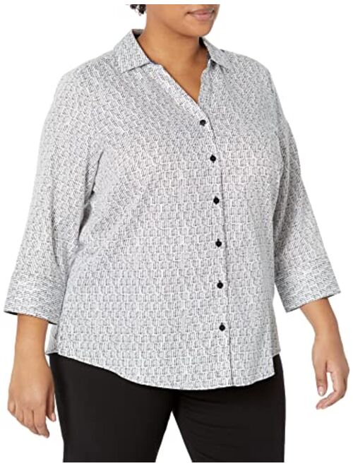 Foxcroft Women's Mary 3/4 Sleeve Block Print Shirt