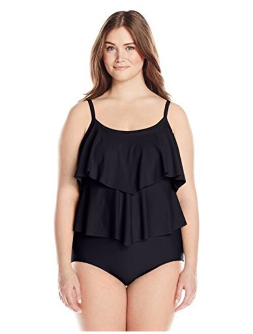 Maxine Of Hollywood Women's Plus-Size 2-Tiered Ruffle One Piece Swimsuit