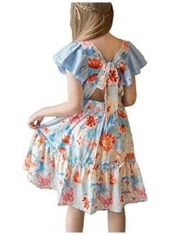 Danna Belle Girl Ruffle Floral Dress Backless Square Neck Dresses for Girl 5-12Y