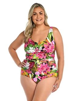 V-Neck Twist Front Shirred One Piece Swimsuit