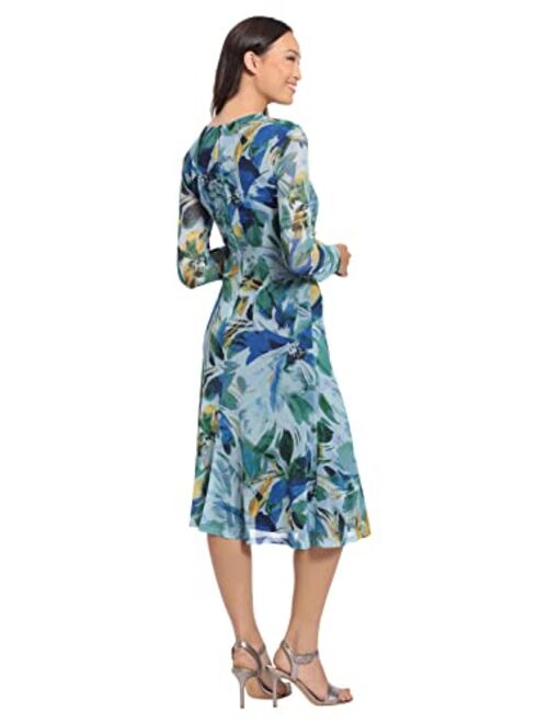 London Times Women's Twist Keyhole Neck Shirred Mesh Versatile Slimming Occasion Midi Dress