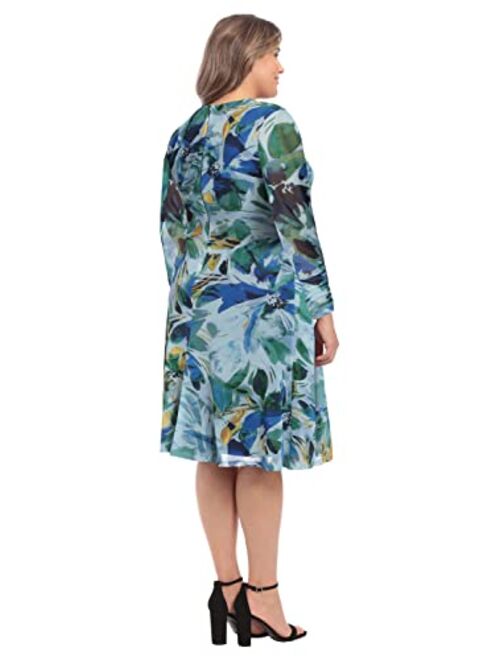 London Times Women's Twist Keyhole Neck Shirred Mesh Versatile Slimming Occasion Midi Dress