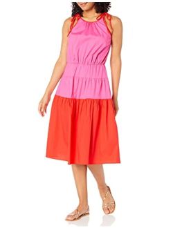 Women's Color Block Shoulder Tie Halter A-line Dress