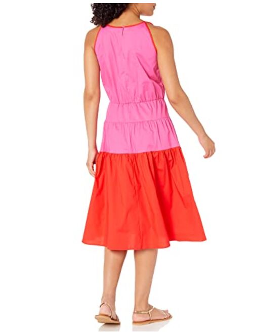 London Times Women's Color Block Shoulder Tie Halter A-line Dress