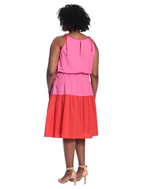 London Times Women's Color Block Shoulder Tie Halter A-line Dress