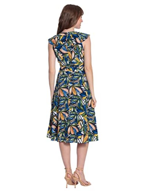 London Times Women's Ruffle Framed V-Neck Fit and Flare Dress