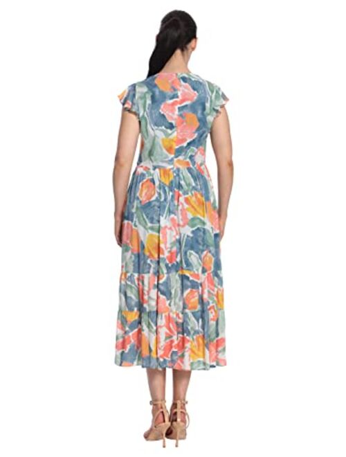 London Times Women's V-Neck Ruffle Sleeve Tiered Midi Dress