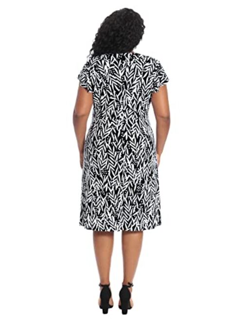 London Times Women's Leaf Print Sleeve, V-Neck Ruffle SLV Midi Dress