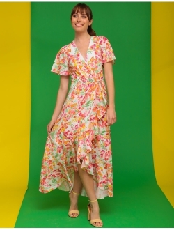 Women's Short Flutter Sleeve Faux Wrap High-Low Maxi Dress with Cascading Flounce