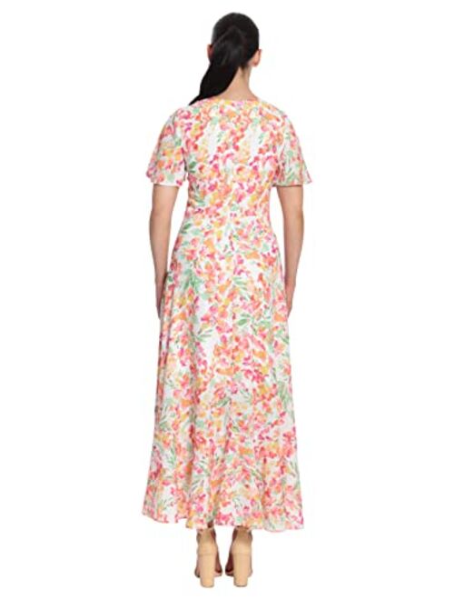 London Times Women's Short Flutter Sleeve Faux Wrap High-Low Maxi Dress with Cascading Flounce