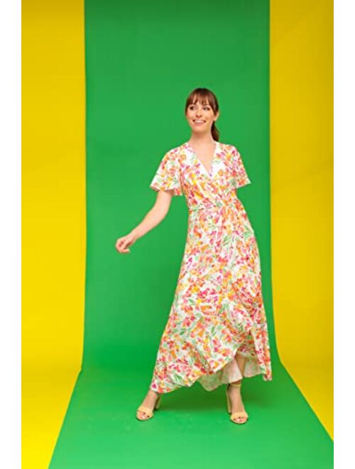 London Times Women's Short Flutter Sleeve Faux Wrap High-Low Maxi Dress with Cascading Flounce