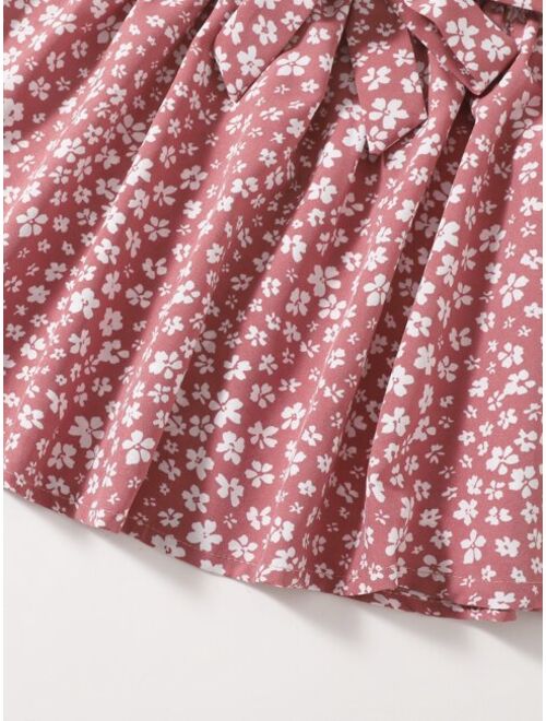SHEIN Girls Ditsy Floral Paperbag Waist Belted Skirt