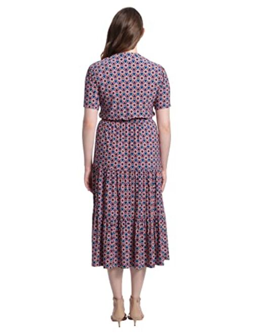 London Times Women's Button Up Short Sleeve Tiered Midi Dress with Waist Tie Detail