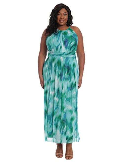 London Times Women's Plus Size Halter Maxi with Ruched Waistband