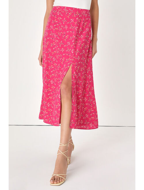 Lulus Bliss Me Hot Pink Floral Print Midi Skirt