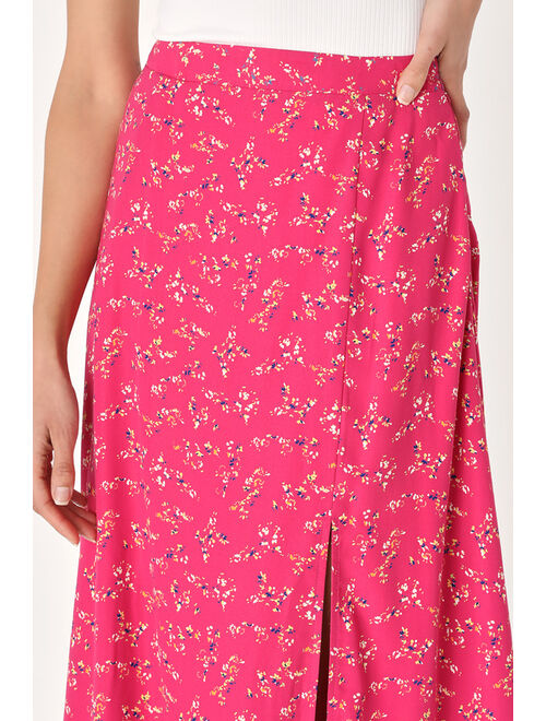 Lulus Bliss Me Hot Pink Floral Print Midi Skirt