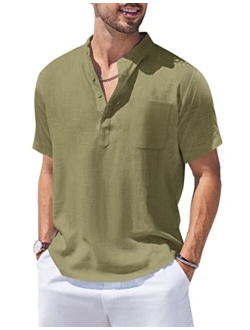 Men's Cotton Linen Henley Shirt Short Sleeve Hippie Casual Beach T Shirts with Pocket