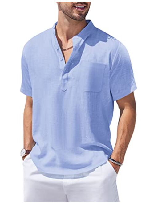 COOFANDY Men's Cotton Linen Henley Shirt Short Sleeve Hippie Casual Beach T Shirts with Pocket