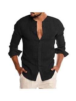 Men's Cotton Linen Shirt Long Sleeve Button Down Casual Beach Shirt