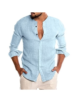 Men's Cotton Linen Shirt Long Sleeve Button Down Casual Beach Shirt