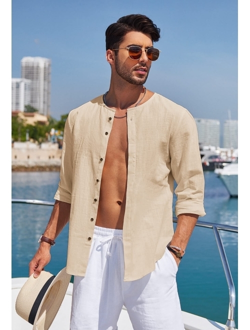 COOFANDY Men's Cotton Linen Shirt Long Sleeve Button Down Casual Beach Shirt