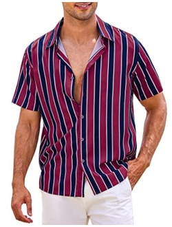 Men's Striped Button Down Shirts Casual Short Sleeve Hawaiian Summer Beach Shirt