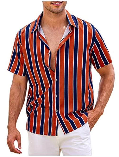 COOFANDY Men's Striped Button Down Shirts Casual Short Sleeve Hawaiian Summer Beach Shirt