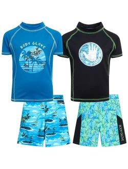 Boys' Rash Guard Set - 4 Piece UPF 50  Short Sleeve Swim Shirt and Bathing Suit Swimsuit Set (8-12)