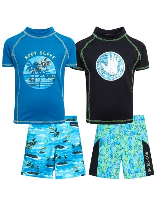 Body Glove Boys' Rash Guard Set - 4 Piece UPF 50+ Short Sleeve Swim Shirt and Bathing Suit Swimsuit Set (8-12)