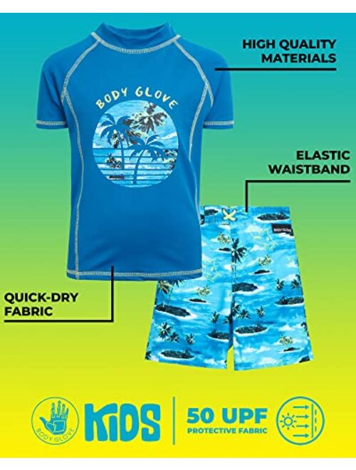 Body Glove Boys' Rash Guard Set - 4 Piece UPF 50+ Short Sleeve Swim Shirt and Bathing Suit Swimsuit Set (8-12)