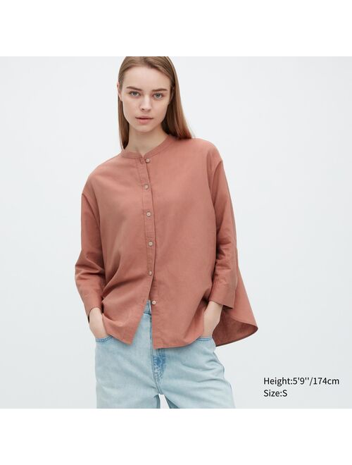 UNIQLO Linen Blend Band Collar 3/4-Sleeve Shirt