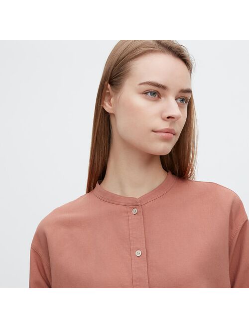 UNIQLO Linen Blend Band Collar 3/4-Sleeve Shirt