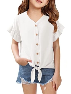 Girls Ruffle Short Sleeve Shirts V Neck Tie Front Knot Tops Button Cute Tunic Shirts Blouse