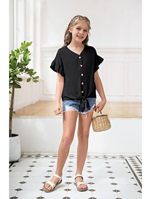 Fashare Girls Ruffle Short Sleeve Shirts V Neck Tie Front Knot Tops Button Cute Tunic Shirts Blouse