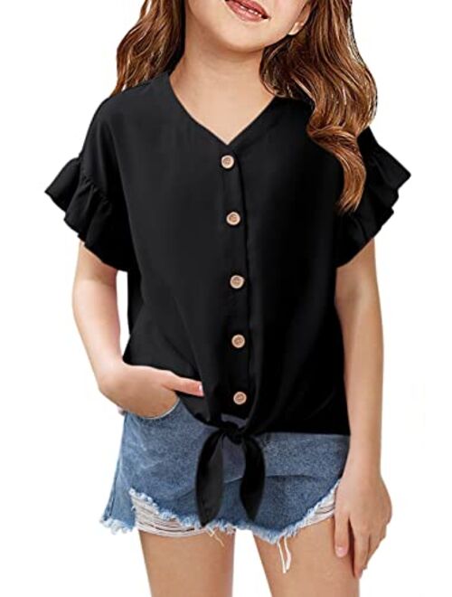 Fashare Girls Ruffle Short Sleeve Shirts V Neck Tie Front Knot Tops Button Cute Tunic Shirts Blouse