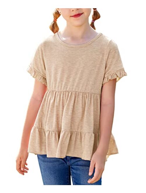Hopeac Girls Summer Shirts Short Sleeve Ruffle Peplum Tops Hem Plain Crew Neck Pleated Tunic Tiered Blouse Tee T-Shirt